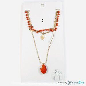 NWT Boho Triple Strand Gold Tone & Orange Beaded Layered Necklace